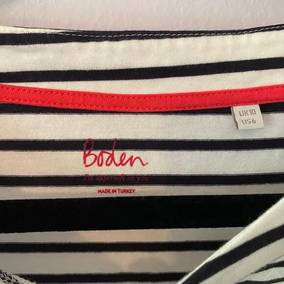 Boden Black White Stripe Boatneck Short Sleeve Shirt Cotton Blend Women's size 6 - Picture 3 of 9